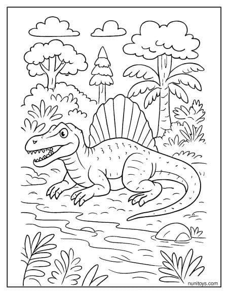 Spinosaurus Resting in Jungle Landscape Coloring Page