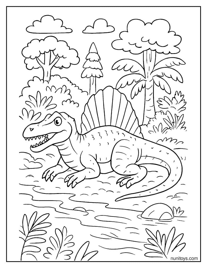 Spinosaurus Resting on a Muddy Riverbank Coloring Page