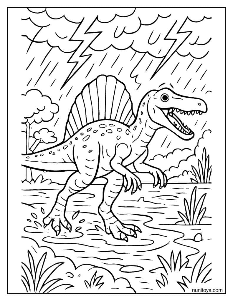 Spinosaurus on a Stormy Wetland Coloring Page
