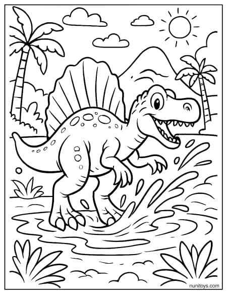 Spinosaurus Splashing Water in Tropical Landscape Coloring Page