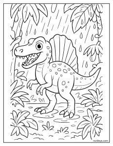 Spinosaurus in a Rainy Jungle: Standing Amid Dripping Leaves Coloring Page