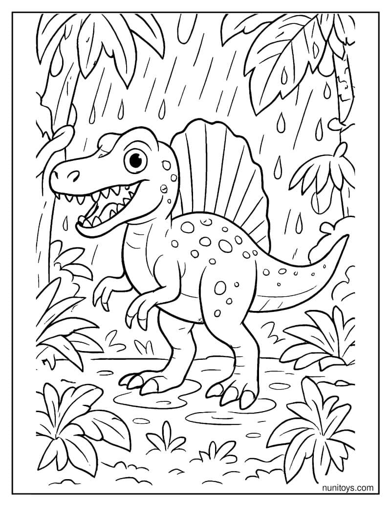 Spinosaurus in a Rainy Jungle: Standing Amid Dripping Leaves Coloring Page