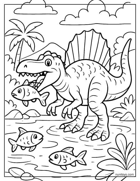 Spinosaurus Catching Fish in River Coloring Page