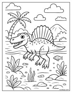 Spinosaurus Swimming in a Calm Prehistoric Lake Coloring Page