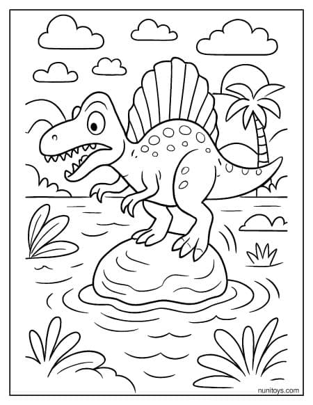 Spinosaurus Standing on Rock in Water Coloring Page
