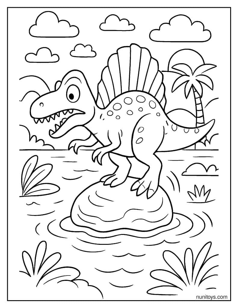 Spinosaurus Balancing on a Slippery Rock Coloring Page