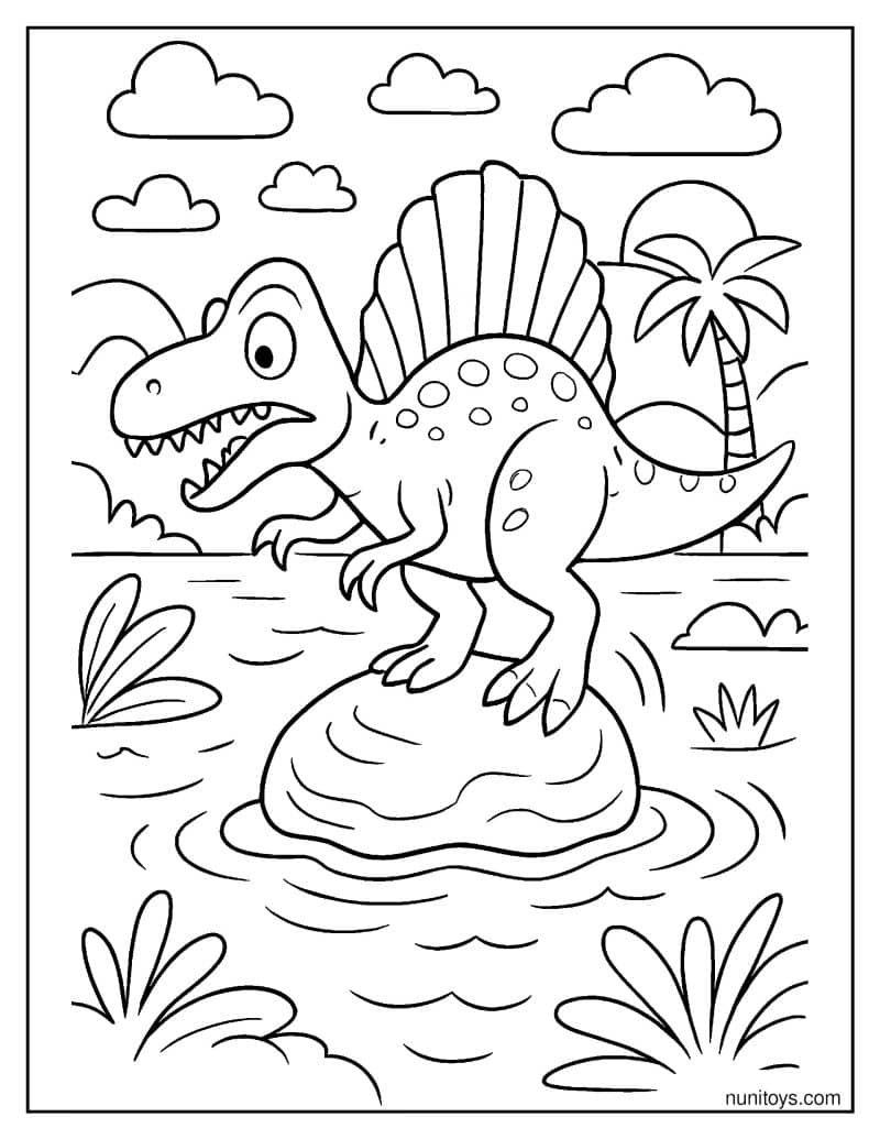 Spinosaurus Balancing on a Slippery Rock Coloring Page