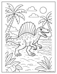 Spinosaurus Walking Along a Tropical Shoreline Coloring Page
