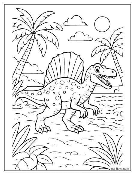 Spinosaurus on Tropical Shore with Palm Trees Coloring Page