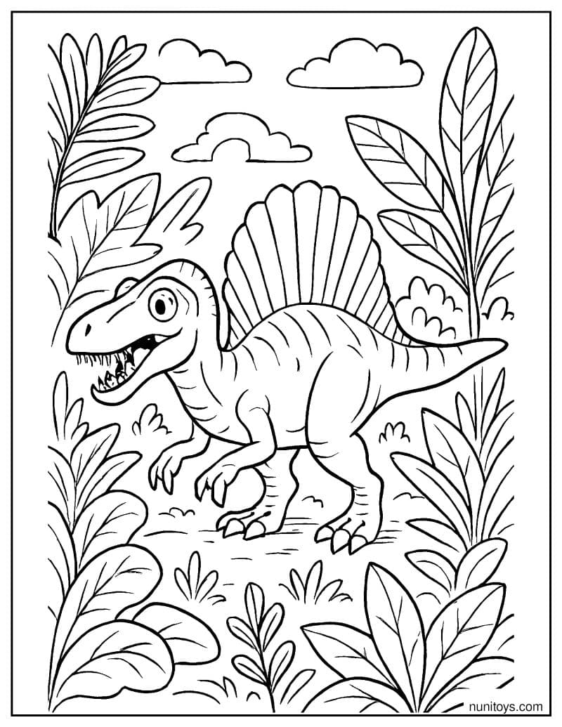 Spinosaurus Walking Through a Field of Giant Prehistoric Plants Coloring Page