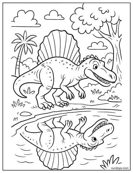 Spinosaurus Looking at Reflection in Water Coloring Page