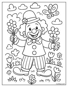 Clown holding flowers in a spring garden with butterflies coloring page