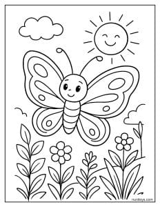 דף צביעה של פרפר שמח עף מתחת לשמש בגינת קיץ
