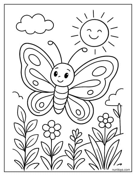 דף צביעה של פרפר שמח עף מתחת לשמש בגינת קיץ