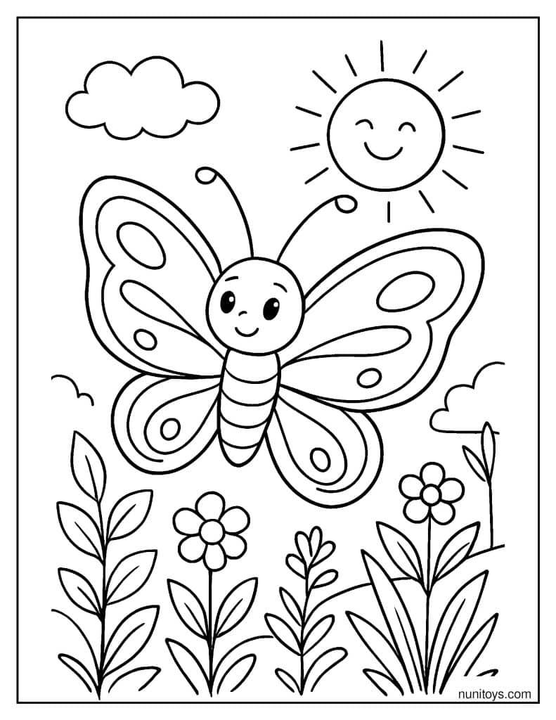 דף צביעה של פרפר שמח עף מתחת לשמש בגינת קיץ