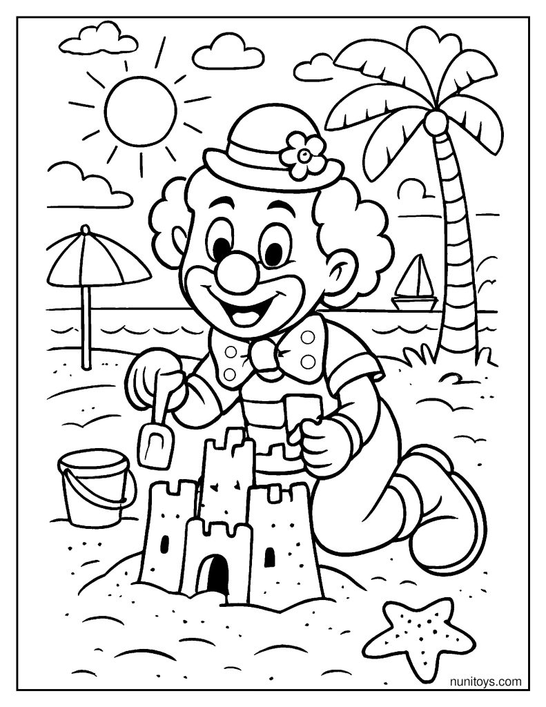 Summer Clown at the Beach Building a Sandcastle Coloring Page