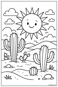 Sun Above the Desert with Cactus and Dunes Coloring Page