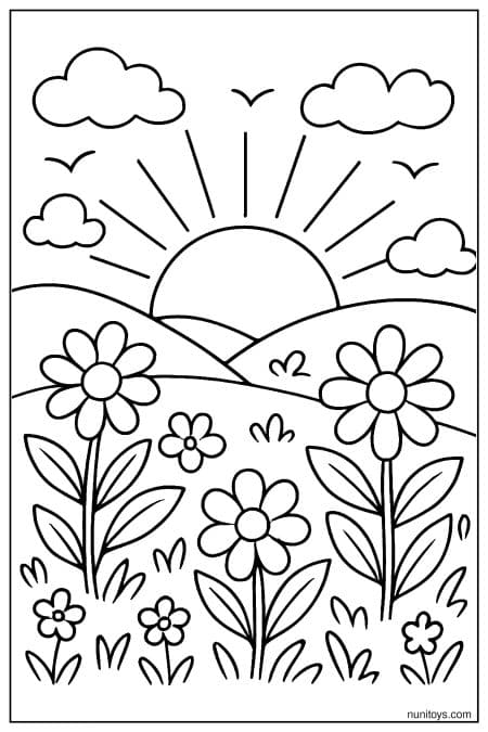 Sun Rising Behind Hills and Flowers Coloring Page