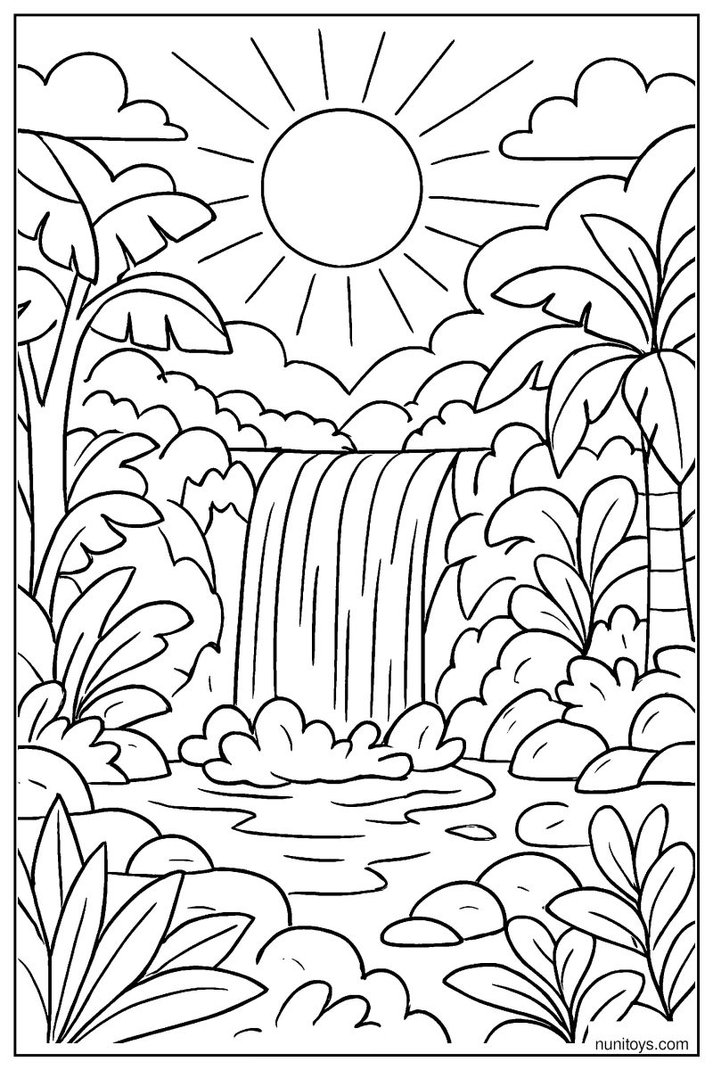 Sun Shining Over a Waterfall in Jungle Scenery Coloring Page