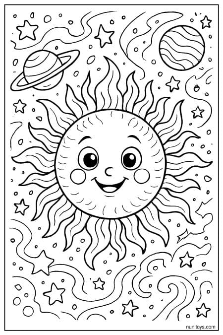 Happy Sun with Flowing Rays Among Planets Coloring Page