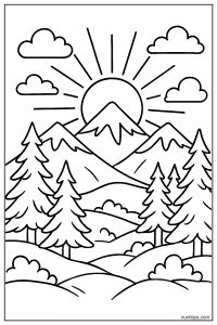 Sunrise Over Snowy Mountains with Pine Trees Coloring Page