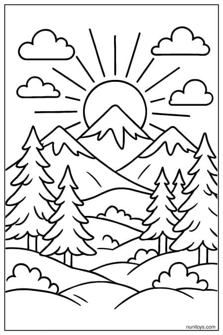 Sunrise Over Snowy Mountains with Pine Trees Coloring Page