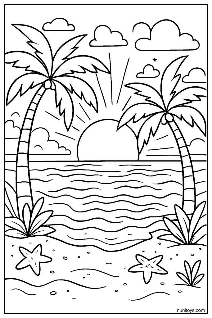 Sunset Reflections: Palm Trees and Ocean Waves Coloring Page