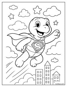 דף צביעה של צב גיבור על עף בשמיים מעל העיר