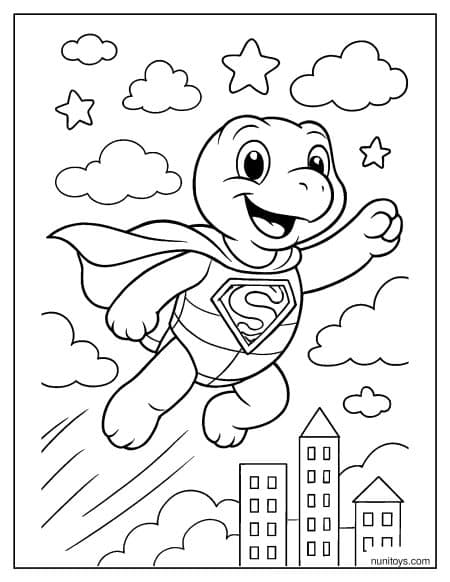 דף צביעה של צב גיבור על עף בשמיים מעל העיר