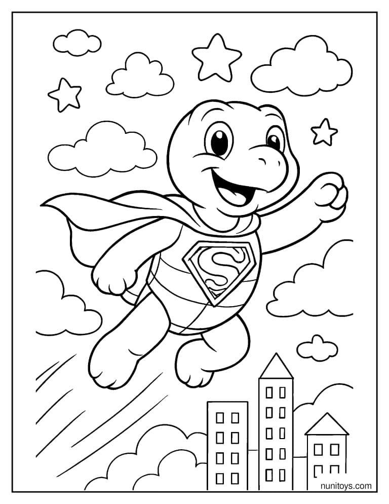 Coloriage d’une tortue super-héroïne volant au-dessus de la ville