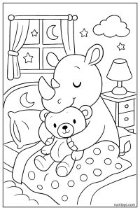 Sweet Rhino Hugging a Teddy Bear in a Cozy Bedtime Scene