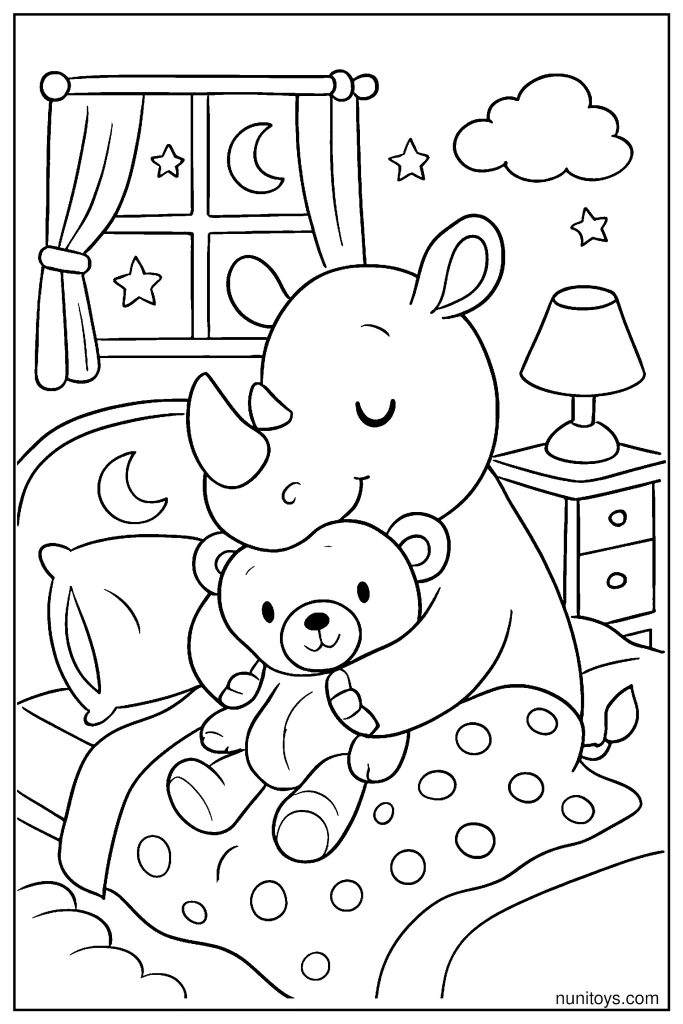 Sweet Rhino Hugging a Teddy Bear in a Cozy Bedtime Scene