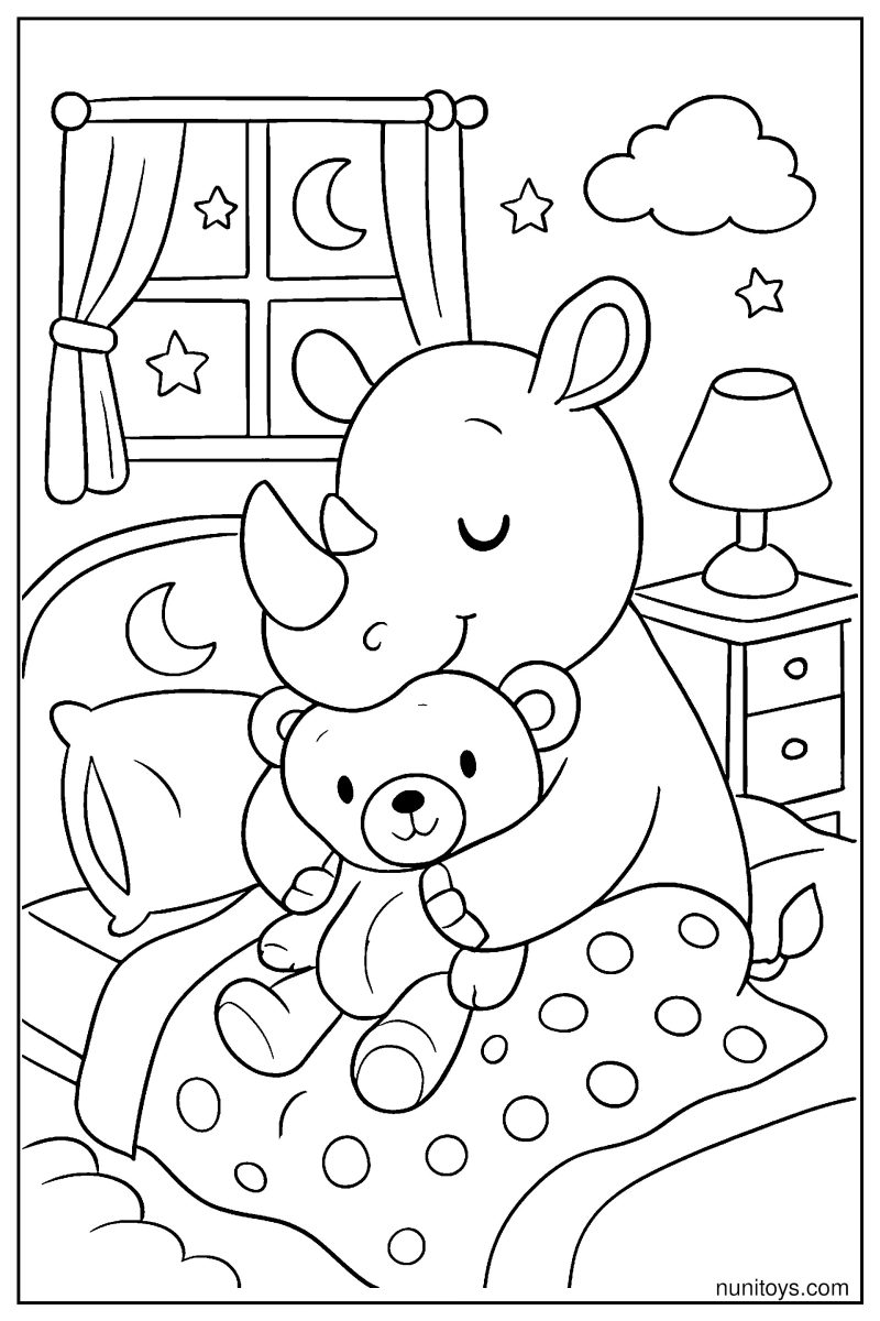 Sweet Rhino Hugging a Teddy Bear in a Cozy Bedtime Scene