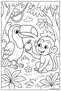Sweet Toucan Sharing Fruit with a Monkeys in a Friendly Jungle Coloring Page