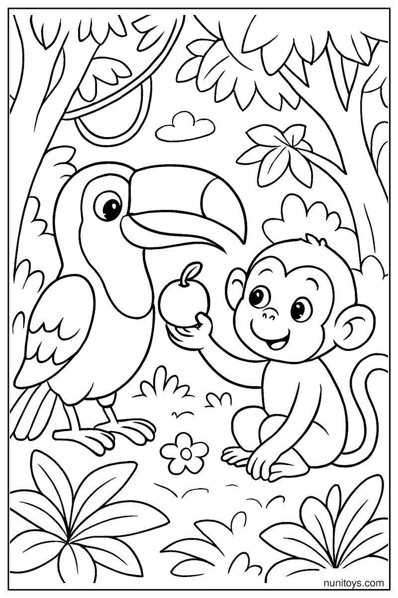 Sweet Toucan Sharing Fruit with a Monkeys in a Friendly Jungle Coloring Page