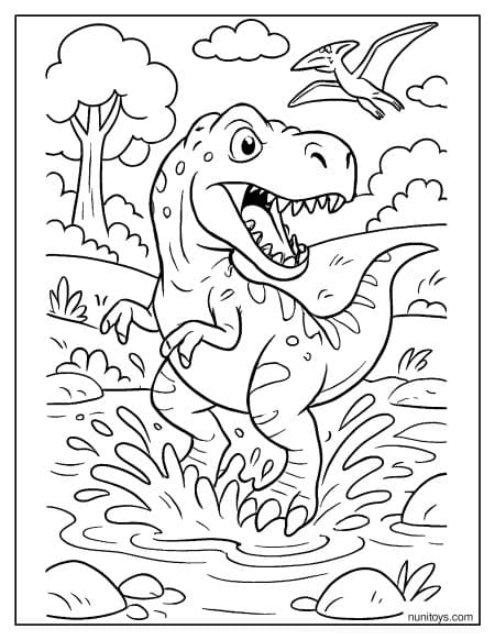 T-Rex Splashing in Water with Flying Pterosaur Coloring Page