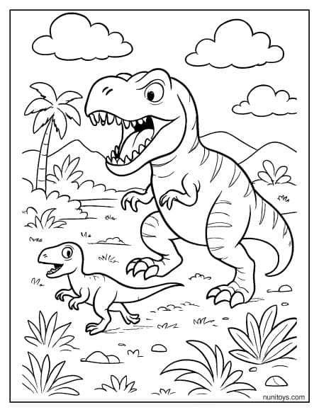 T-Rex Chasing Small Dinosaur in Jungle Coloring Page