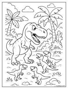 T-Rex Confronting a Pack of Smaller Dinosaurs Coloring Page