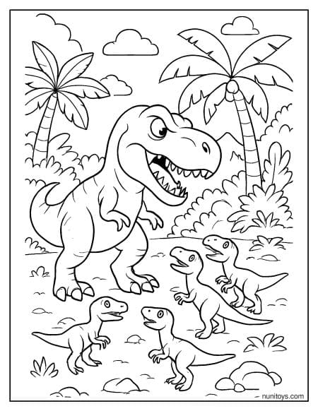 T-Rex Surrounded by Small Dinosaurs Jungle Coloring Page