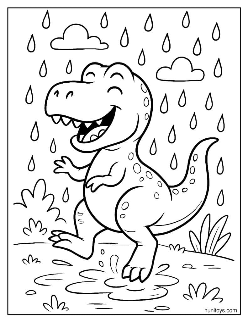T-Rex Dancing Happily Under Rain Drops Coloring Page