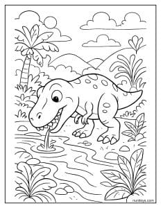 T-Rex Drinking from a River Among Ancient Plants Coloring Page