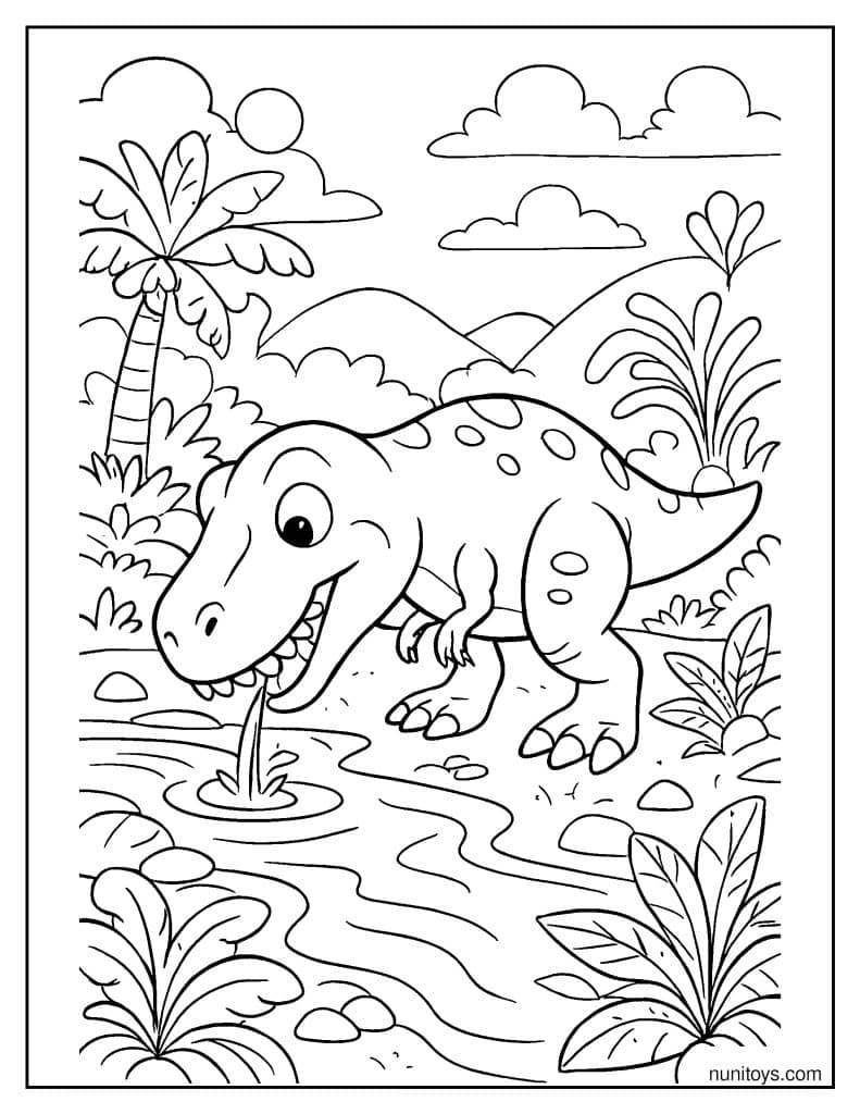 T-Rex Drinking from a River Among Ancient Plants Coloring Page