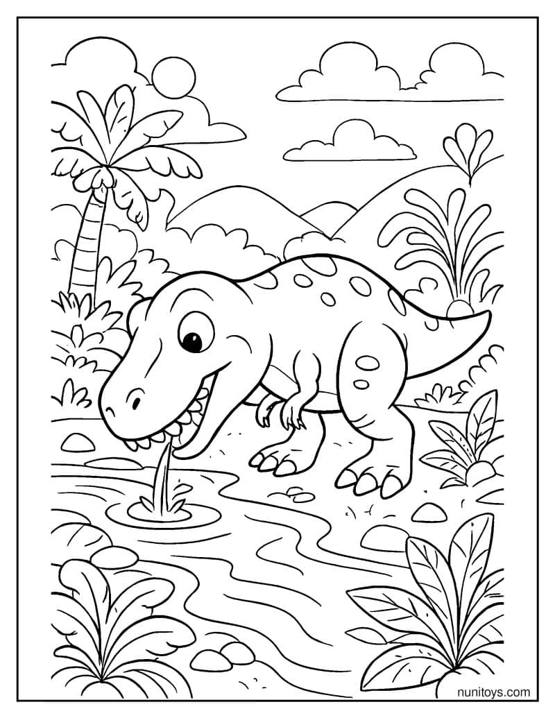 T-Rex Drinking from a River Among Ancient Plants Coloring Page