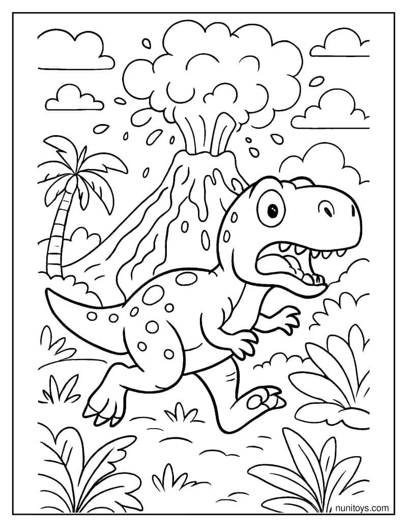 T-Rex Escaping a Volcanic Eruption Coloring Page