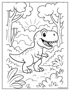 T-Rex Exploring a Foggy Forest at Sunrise Coloring Page