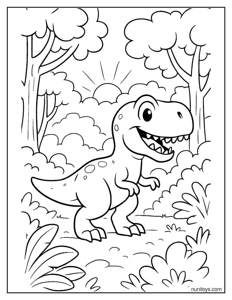 T-Rex Exploring a Foggy Forest at Sunrise Coloring Page