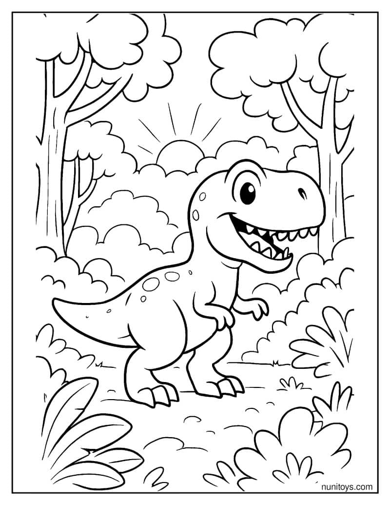 T-Rex Exploring a Foggy Forest at Sunrise Coloring Page