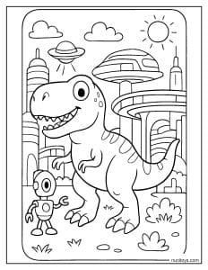 T-Rex Exploring a Futuristic City Coloring Page