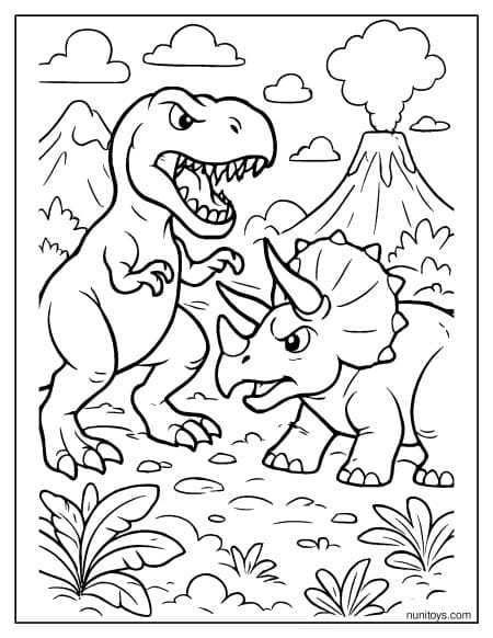T-Rex Facing Triceratops Near Volcano Coloring Page