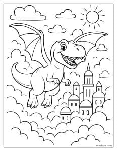 T-Rex Flying Over a Cloud City Coloring Page